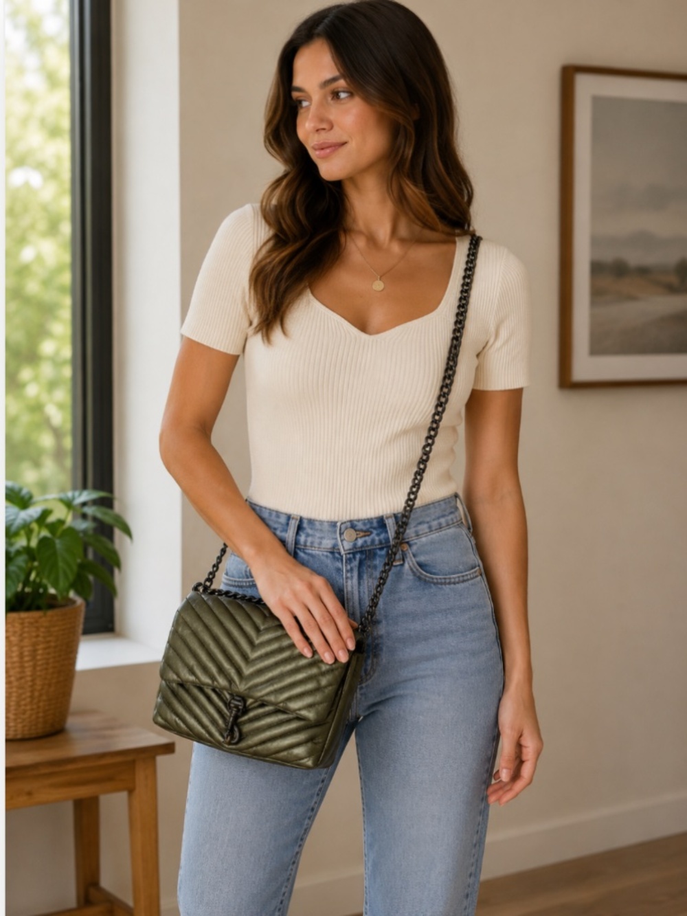 Rebecca Minkoff Edie Chevron Crossbody Purse-Metallic Gray